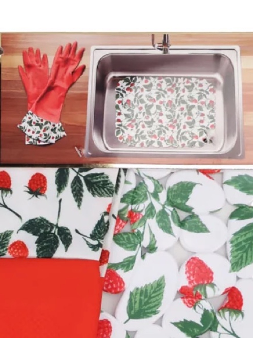 🌸 New Spruce Lane Strawberries Kitchen Sink Mat and Kitchen Hand Gloves, Red - Picture 6 of 6